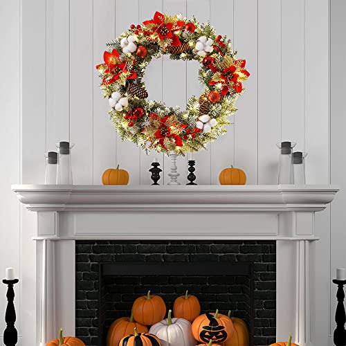 40 cm Christmas Wreath with Light, Artificial Wreath Front Door Decoration Fir Wreath Hanging Wreaths with Balls Berries Pine Cones Decoration for Door Table Window Wall Stairs Ornament (Red)