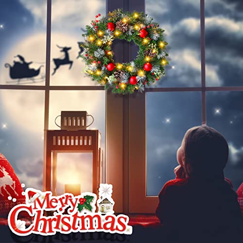 BEYAOBN 30cm Christmas Wreath Xmas Decorations Winter Pine Door Wreath Front Door Artificial Pine Garland with LED light Berries Balls Decor Christmas Window Wall Decorations