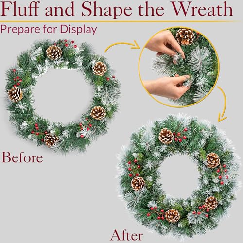 Christow Christmas Wreath with Pine Cones and Berries, 45cm Luxury Thick Artificial Frosted Winter Spruce Decoration for Front Door 2022