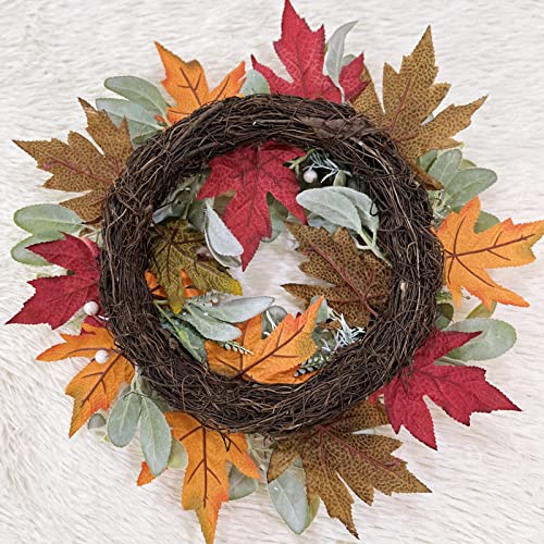 Fall Wreath for Front Door, 40cm/16 Inch Autumn Wreath with Maple Leaf Pumpkins Pine Cone Berries Thanksgiving Wreaths White Artificial Pumpkins Wreath for Halloween Thanksgiving Window Wall Decor