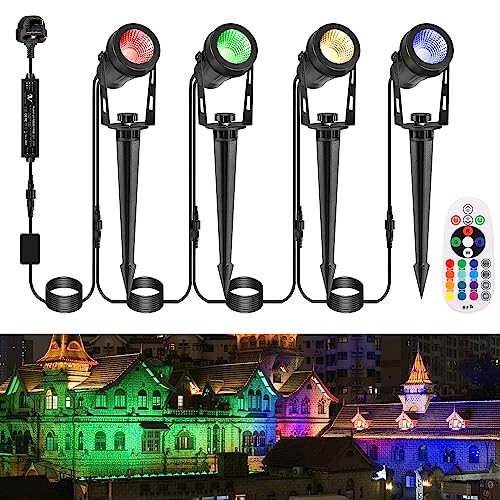 GreenClick Garden Spot Lights, Color Changing Garden Lights Mains Powered Waterproof, RGB Outdoor Spotlight Plug-in Outside Lights, 12V Timer Memory Remote for Wall Yard Landscape Christmas, 4 Pack