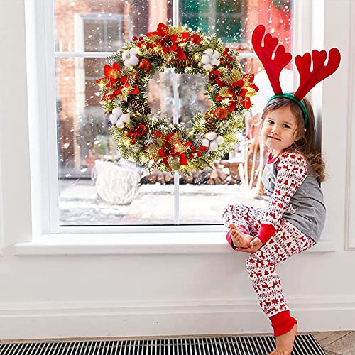 40 cm Christmas Wreath with Light, Artificial Wreath Front Door Decoration Fir Wreath Hanging Wreaths with Balls Berries Pine Cones Decoration for Door Table Window Wall Stairs Ornament (Red)