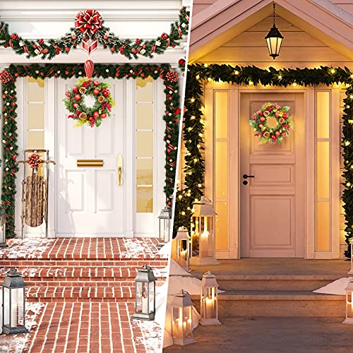 Adeeing 18 Inch Christmas Wreath with 15 LED Lights, 45cm Red Front Door Pre-lit Garland with Christmas Baubles Berries Pine Cones for Door Wall Window Fireplace Decoration