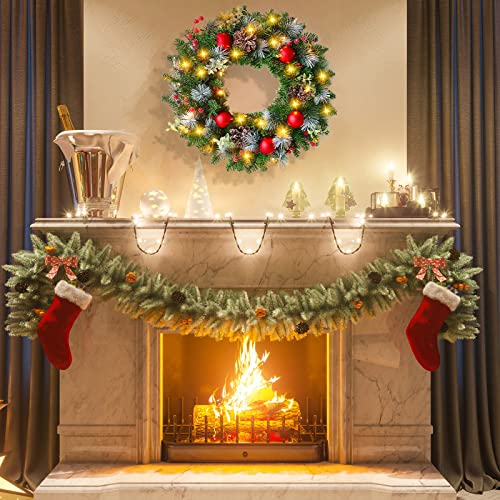 BEYAOBN 30cm Christmas Wreath Xmas Decorations Winter Pine Door Wreath Front Door Artificial Pine Garland with LED light Berries Balls Decor Christmas Window Wall Decorations