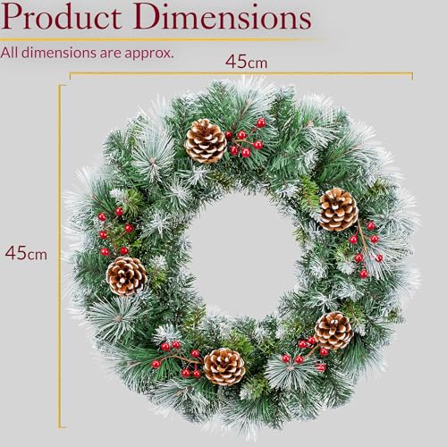 Christow Christmas Wreath with Pine Cones and Berries, 45cm Luxury Thick Artificial Frosted Winter Spruce Decoration for Front Door 2022