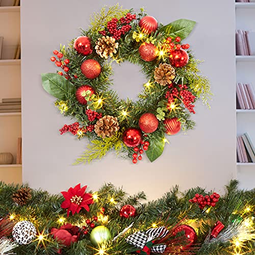 Adeeing 18 Inch Christmas Wreath with 15 LED Lights, 45cm Red Front Door Pre-lit Garland with Christmas Baubles Berries Pine Cones for Door Wall Window Fireplace Decoration