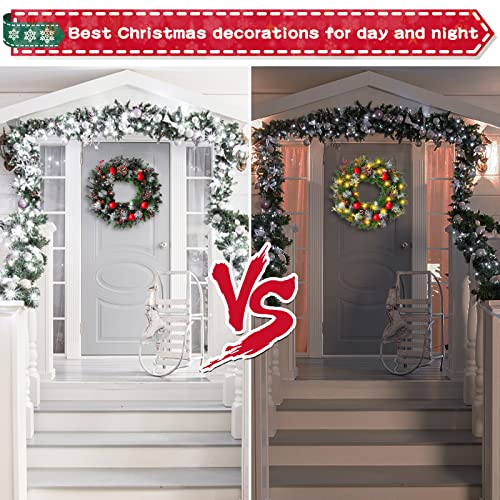 BEYAOBN 30cm Christmas Wreath Xmas Decorations Winter Pine Door Wreath Front Door Artificial Pine Garland with LED light Berries Balls Decor Christmas Window Wall Decorations