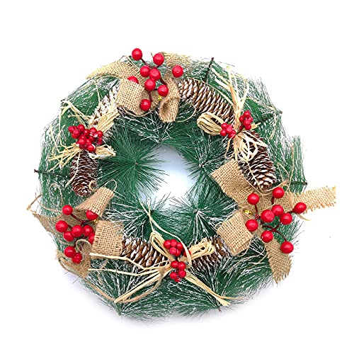 Christmas Wreath, 32cm Christmas Wreath Door Garland, Christmas Decoration Front Door Winter Xmas Party Decoration with Frosted Snow Effect, Berries & Pinecones Window Wall Decorations