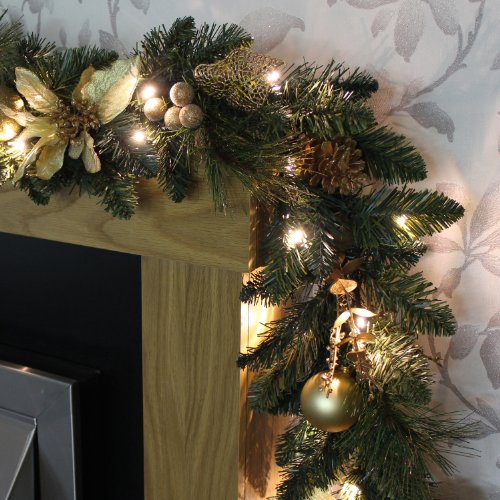 WeRChristmas Pre-Lit Decorated Garland Christmas Decoration Illuminated with 40-LED Lights, Cream/Gold, 9 feet (2.7 m)