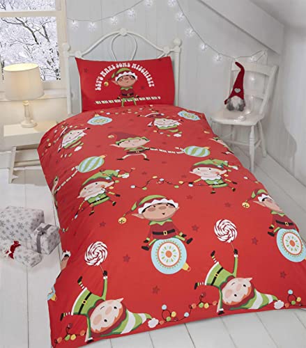 Rapport Home Naughty Elves Single Duvet Cover Children's Christmas Bedding Set Festive, Cotton, Red, 2 pieces