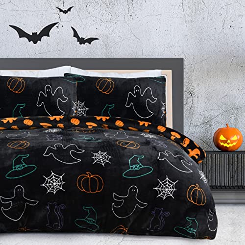 Sleepdown Halloween Spooky Ghost Black Orange Flannel Fleece Reversible Duvet Cover Quilt Bedding Set with Pillowcases Warm Soft Easy Care Bed Linen - Double (200cm x 200cm)