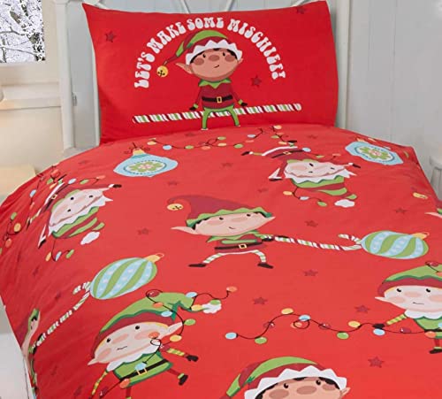 Rapport Home Naughty Elves Single Duvet Cover Children's Christmas Bedding Set Festive, Cotton, Red, 2 pieces