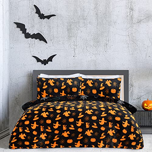 Sleepdown Halloween Spooky Ghost Black Orange Flannel Fleece Reversible Duvet Cover Quilt Bedding Set with Pillowcases Warm Soft Easy Care Bed Linen - Double (200cm x 200cm)