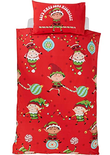 Rapport Home Naughty Elves Single Duvet Cover Children's Christmas Bedding Set Festive, Cotton, Red, 2 pieces