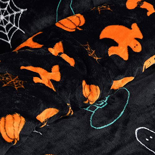 Sleepdown Halloween Spooky Ghost Black Orange Flannel Fleece Reversible Duvet Cover Quilt Bedding Set with Pillowcases Warm Soft Easy Care Bed Linen - Double (200cm x 200cm)