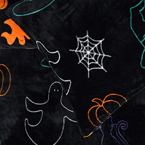 Sleepdown Halloween Spooky Ghost Black Orange Flannel Fleece Reversible Duvet Cover Quilt Bedding Set with Pillowcases Warm Soft Easy Care Bed Linen - Double (200cm x 200cm)