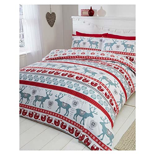 Scandi 100% Brushed Cotton Flannelette Quilt Duvet Cover and 2 Pillowcase Bedding Bed Set, Red/Multi-Colour, Double