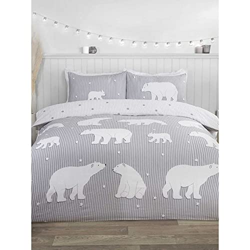 Rapport Home Polar Bear 100% Brushed Cotton 3 pieces Double Duvet Cover Set Reversible Bedding Grey