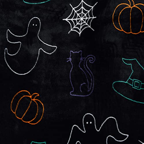 Sleepdown Halloween Spooky Ghost Black Orange Flannel Fleece Reversible Duvet Cover Quilt Bedding Set with Pillowcases Warm Soft Easy Care Bed Linen - Double (200cm x 200cm)