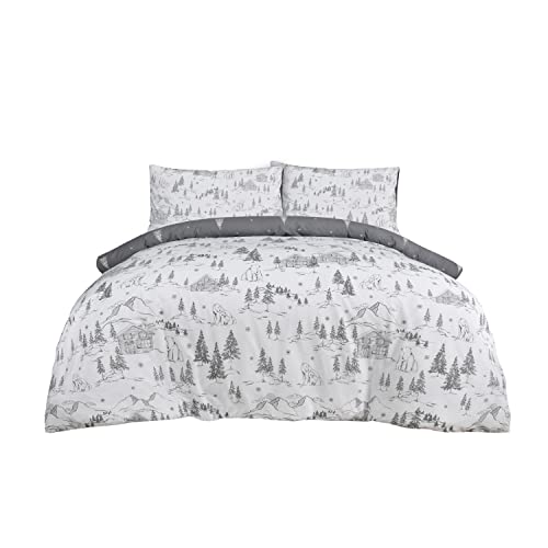 SINGLE  Sleepdown Polar Bears Winter Scene Snowflake White Grey Reversible Duvet Cover Single (135cm x 200cm)