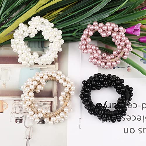 4 Pcs Pearl Hair Scrunchies, Elastic Hair Ropes Ponytail Holder Scrunchies Tightening Hairring for Women