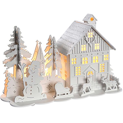 Christmas Wooden House with Reindeer Scene & LED Lights