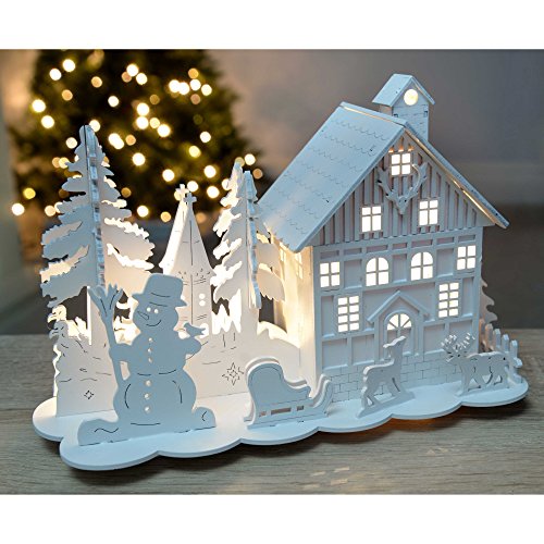 Christmas Wooden House with Reindeer Scene & LED Lights