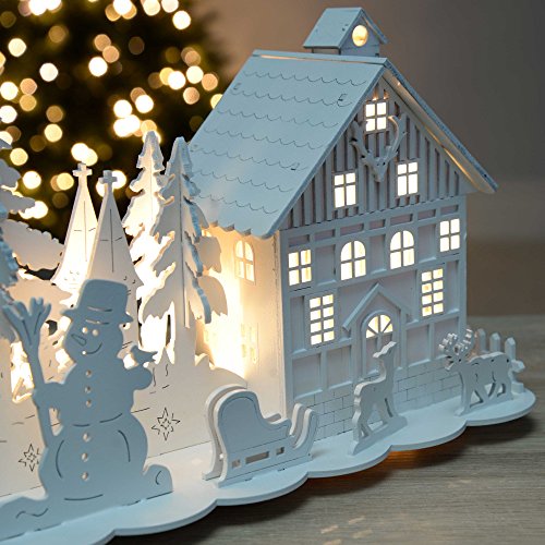 Christmas Wooden House with Reindeer Scene & LED Lights