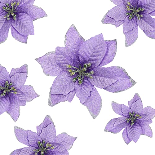 6Pcs 5 Inch Glitter Artificial Poinsettia Flowers with Ties for Wedding Christmas Festival Holiday Decor Xmas Wreath Garland Ornament Purple