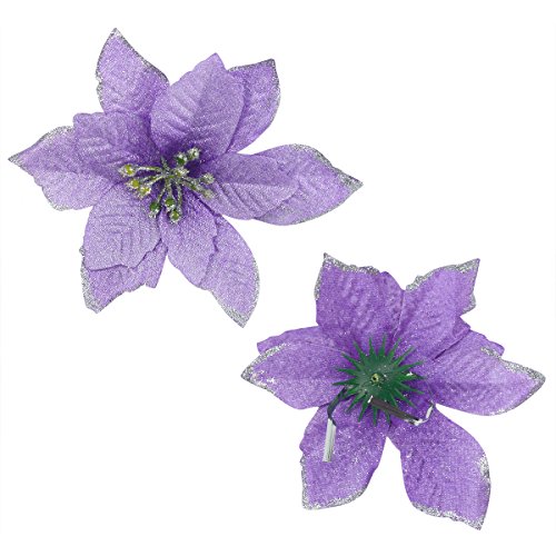 6Pcs 5 Inch Glitter Artificial Poinsettia Flowers with Ties for Wedding Christmas Festival Holiday Decor Xmas Wreath Garland Ornament Purple