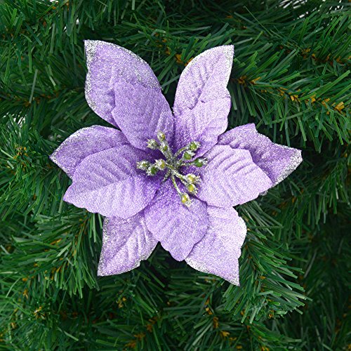 6Pcs 5 Inch Glitter Artificial Poinsettia Flowers with Ties for Wedding Christmas Festival Holiday Decor Xmas Wreath Garland Ornament Purple
