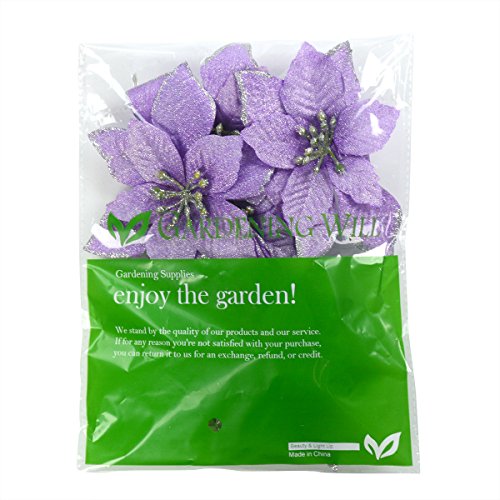 6Pcs 5 Inch Glitter Artificial Poinsettia Flowers with Ties for Wedding Christmas Festival Holiday Decor Xmas Wreath Garland Ornament Purple