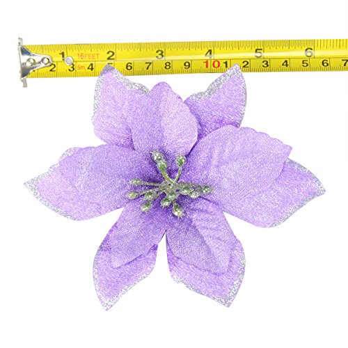 6Pcs 5 Inch Glitter Artificial Poinsettia Flowers with Ties for Wedding Christmas Festival Holiday Decor Xmas Wreath Garland Ornament Purple