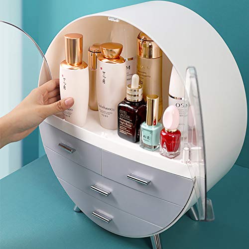 Qivange Round Cosmetic Rack Makeup Organiser Dustproof-Cosmetic Storage Makeup Holder Multifunctional Display Box Case For Lipstick, Nail Varnish, Eye Shadow, Brushes Pink/Grey 29.5 * 15.5 * 34cm