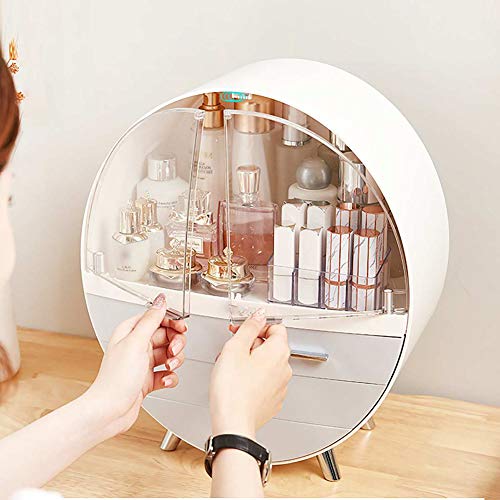Qivange Round Cosmetic Rack Makeup Organiser Dustproof-Cosmetic Storage Makeup Holder Multifunctional Display Box Case For Lipstick, Nail Varnish, Eye Shadow, Brushes Pink/Grey 29.5 * 15.5 * 34cm