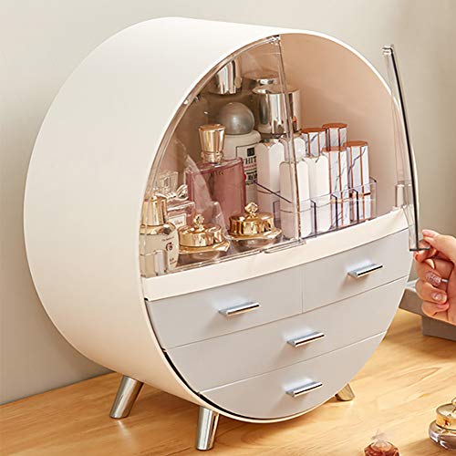 Qivange Round Cosmetic Rack Makeup Organiser Dustproof-Cosmetic Storage Makeup Holder Multifunctional Display Box Case For Lipstick, Nail Varnish, Eye Shadow, Brushes Pink/Grey 29.5 * 15.5 * 34cm