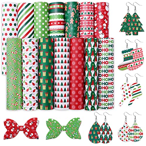 AnyDesign 14Pcs Christmas Faux Leather Sheets Colorful Gingerbread Man Santa Claus Snowman Snowflake Leather Fabric Dots Stripes Printed Synthetic PU Leather for Christmas DIY Crafts Earring Hair Bow