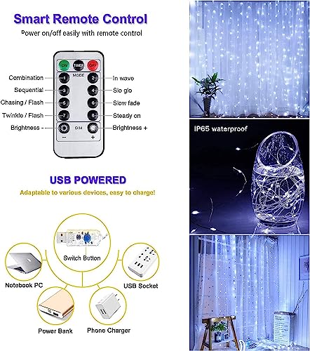 Christmas Fairy Curtain Lights, Waterproof 300LED with Remote