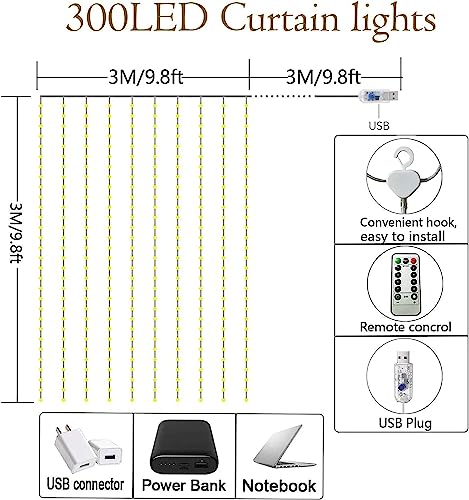 Christmas Fairy Curtain Lights, Waterproof 300LED with Remote