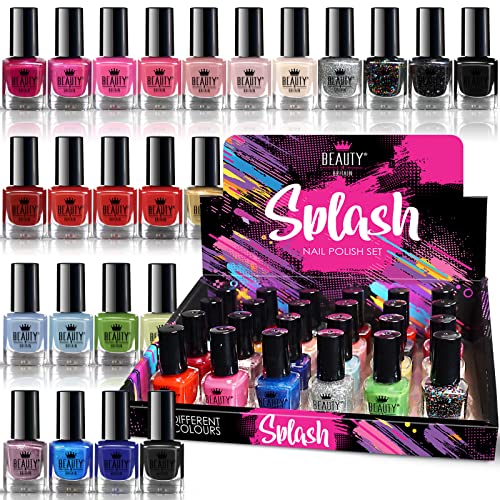 Splash 48 x Nail Polish Varnish Set 48 Different Modern Colours Quick Drying Flat Brush