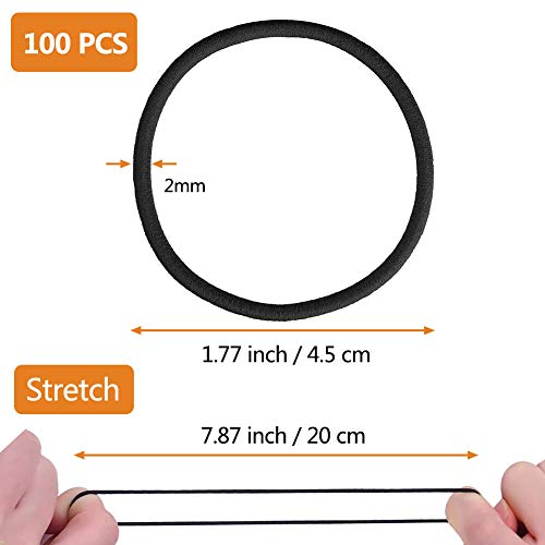 100 PCS Elastic Hair Bands, 2mm Elastic Hair Ties Ponytail Holders, Bulk Hair Ties No Metal Gentle Elastics for Women Men Girls Kids (Black)