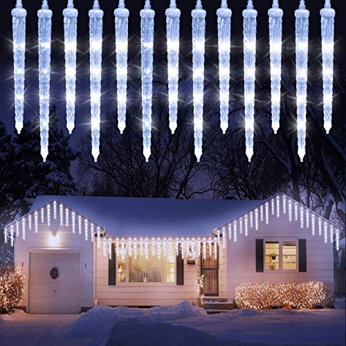 Christmas Icicle Lights Outdoor, 13ft/4M 90 LED Icicle Lights with 20 Icicles, 8 Modes Connectable Christmas Lights Mains Powered (White)