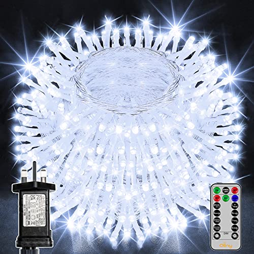 Ollny Fairy Lights Plug in - 30m 300 LED Fairy Lights Outdoor Waterproof, Remote/8 Modes/Timer/Dimmable Cold White String Lights Mains Powered for Outside Indoor Garden Tree Christmas Decorations