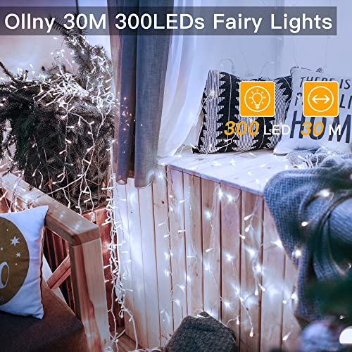Ollny Fairy Lights Plug in - 30m 300 LED Fairy Lights Outdoor Waterproof, Remote/8 Modes/Timer/Dimmable Cold White String Lights Mains Powered for Outside Indoor Garden Tree Christmas Decorations