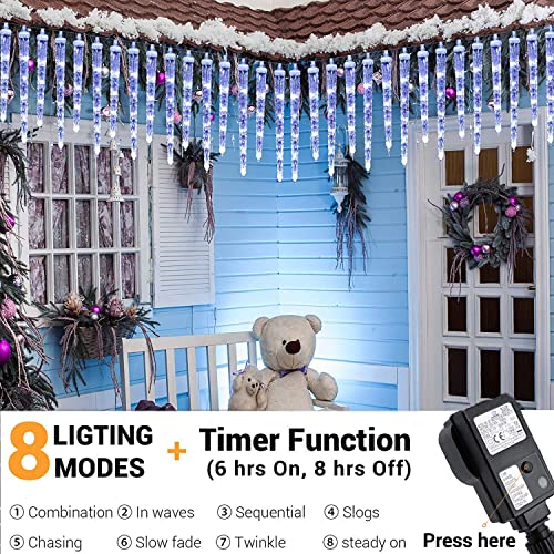 Christmas Icicle Lights Outdoor, 13ft/4M 90 LED Icicle Lights with 20 Icicles, 8 Modes Connectable Christmas Lights Mains Powered (White)