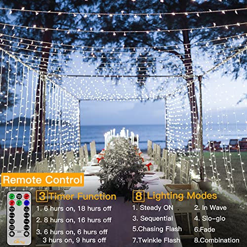 Ollny Fairy Lights Plug in - 30m 300 LED Fairy Lights Outdoor Waterproof, Remote/8 Modes/Timer/Dimmable Cold White String Lights Mains Powered for Outside Indoor Garden Tree Christmas Decorations