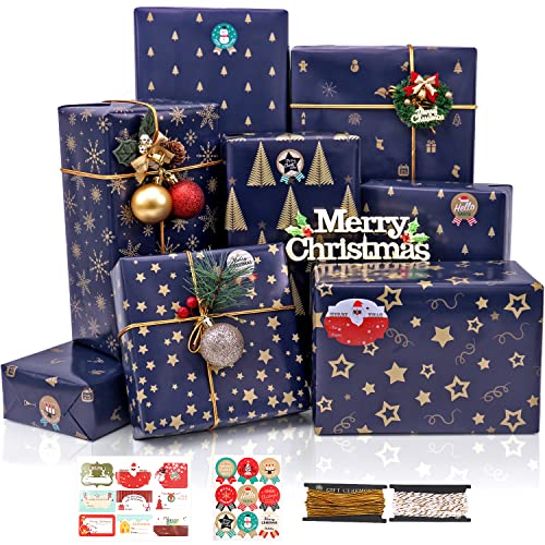 Blue Gold Christmas Wrapping Paper Bundle, 12 Sheets, 6 Designs