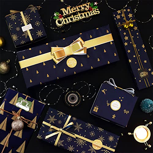 Blue Gold Christmas Wrapping Paper Bundle, 12 Sheets, 6 Designs