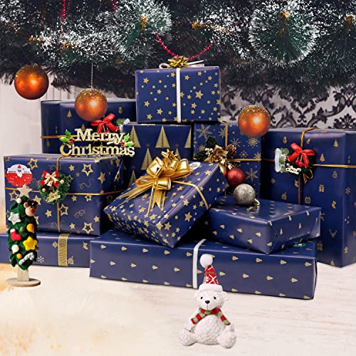 Blue Gold Christmas Wrapping Paper Bundle, 12 Sheets, 6 Designs