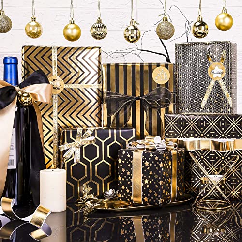 Black and Gold Foil Christmas Wrapping Paper Set